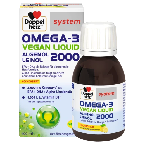 Abbildung der Produktverpackung Doppelherz system OMEGA-3 VEGAN LIQUID 2000 Frontansicht